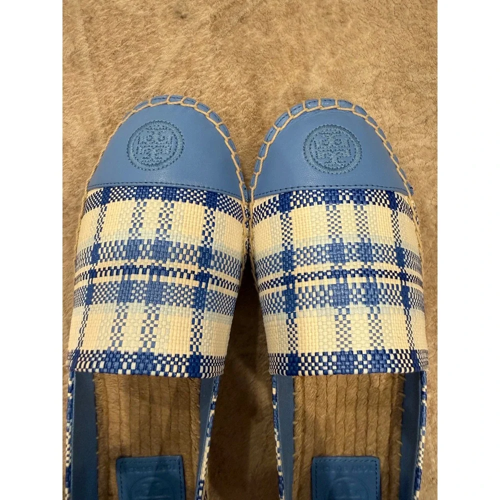 NWT Tory Burch Color Block Flat Espadrille Blue Check Plaid Chambray 7.5
